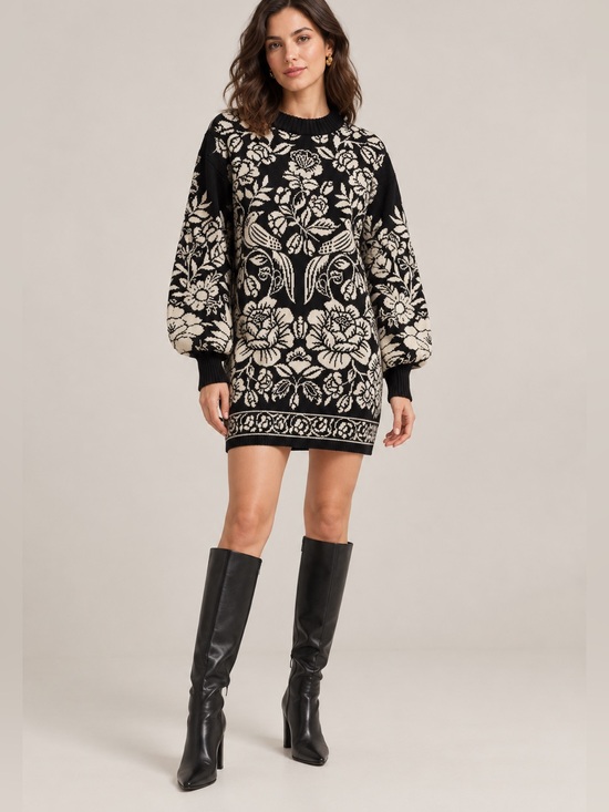 FARM Rio Sweaters - Farm Rio Sweater Dress Women’s Medium Cashew & Birds Floral Chunky Knit L